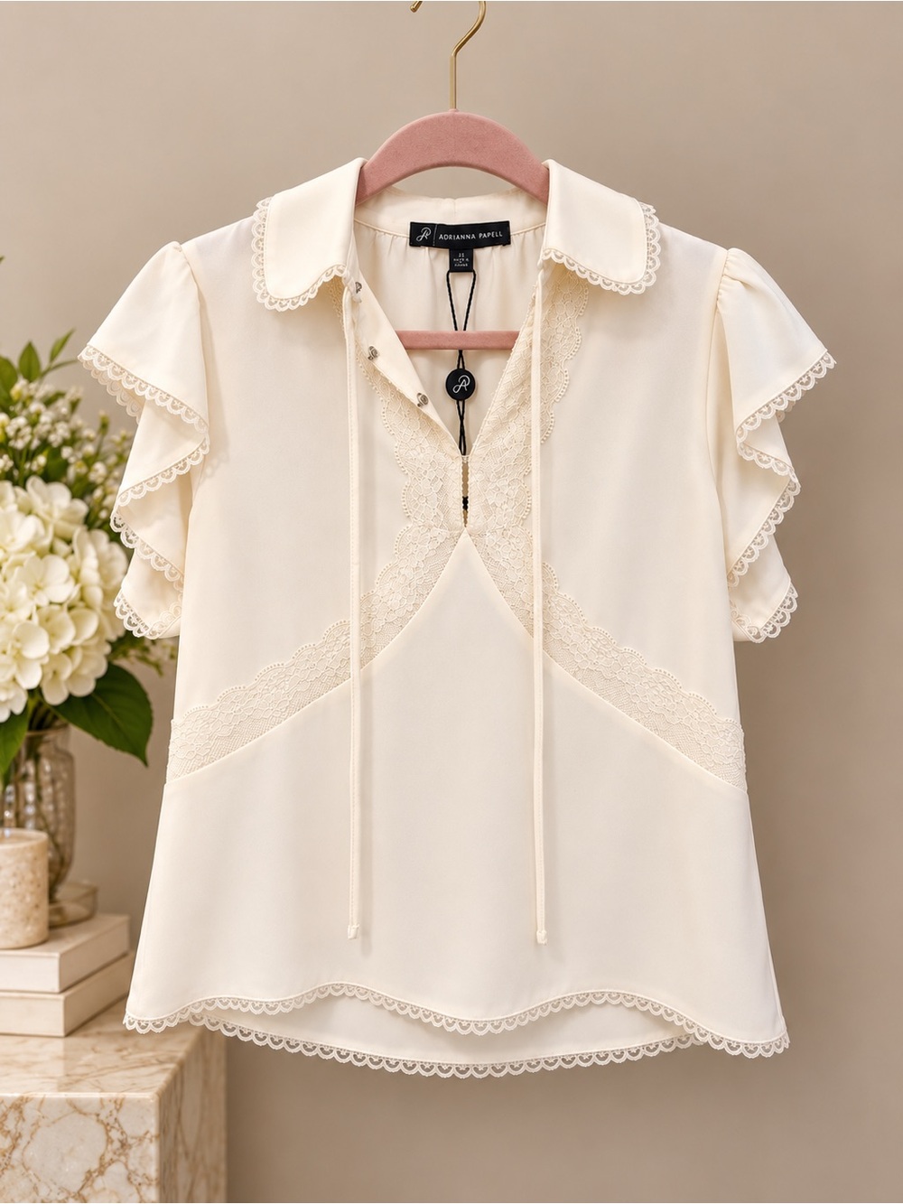 Adrianna Papell Ivory Lace Collared Cap Sleeve Top SMALL - Picture 2 of 4